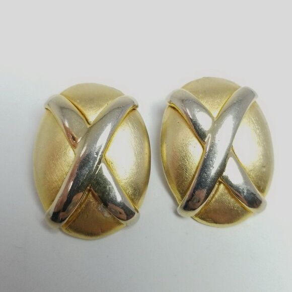 Vintage Big Gold Tone X Oval Clip On Earrings, Retro 80s Style Design, Estate - Picture 5 of 6